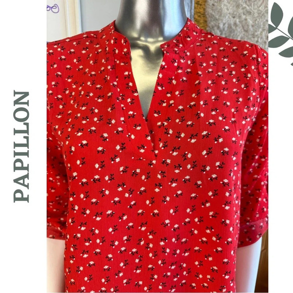Papillon  Red Blouse Spit V Neck Top Red Black White - Picture 6 of 7